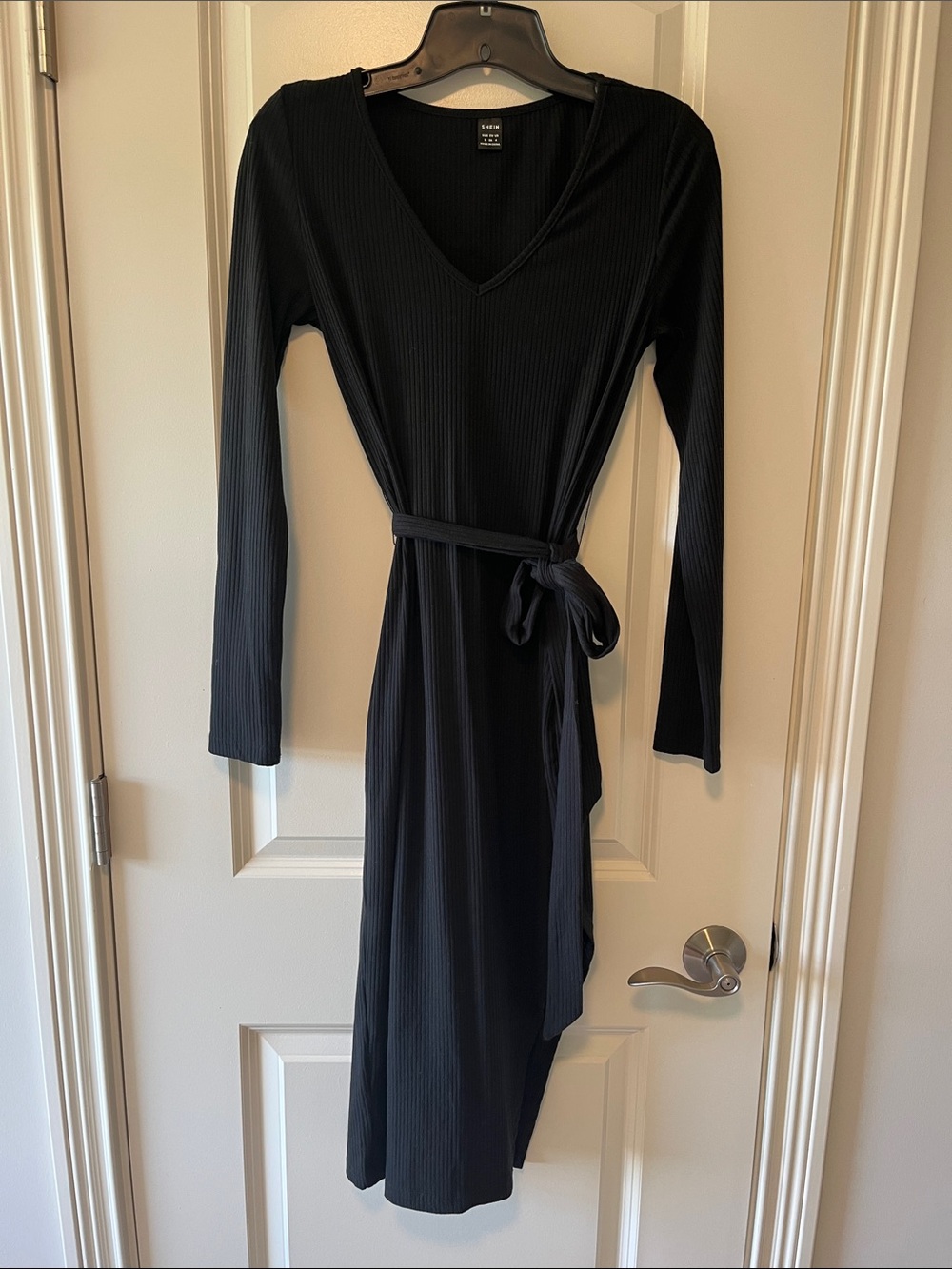 Black Ribbed Wrap Midi Dress with High Slit and Waist Tie